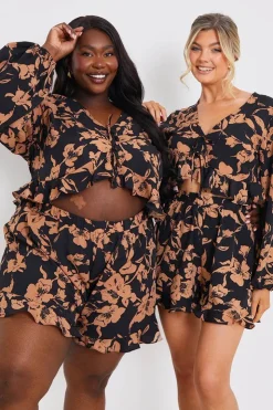 Online In the Style Abstract Floral Frill Co-Ord Shorts Brown
