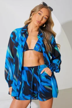 New In the Style Abstract Print Chiffon Co-Ord Beach Short Blue