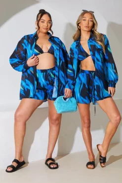 New In the Style Abstract Print Chiffon Co-Ord Beach Short Blue