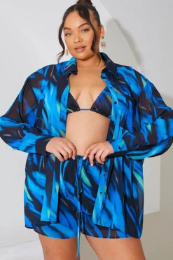 New In the Style Abstract Print Chiffon Co-Ord Beach Short Blue