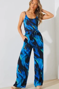In the Style Abstract Print Chiffon Co-Ord Wide Leg Trousers Blue