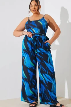 In the Style Abstract Print Chiffon Co-Ord Wide Leg Trousers Blue