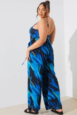 In the Style Abstract Print Chiffon Co-Ord Wide Leg Trousers Blue