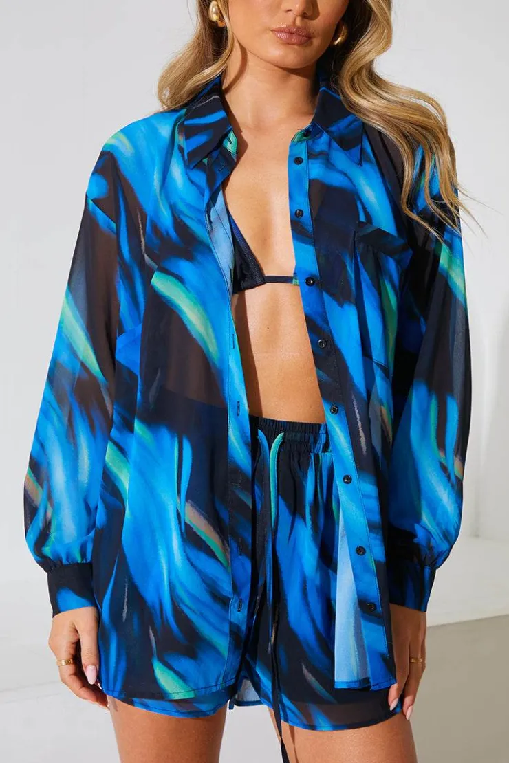 Online In the Style Abstract Print Chiffon Co-Ord Beach Shirt Blue