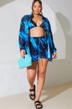 Online In the Style Abstract Print Chiffon Co-Ord Beach Shirt Blue