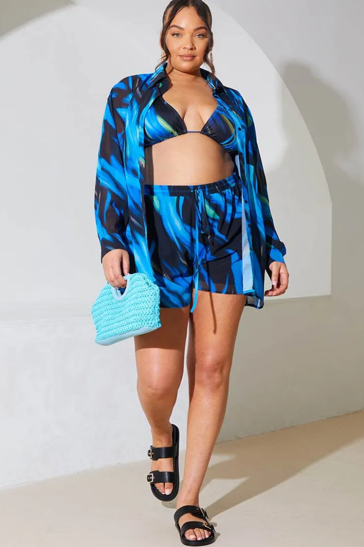 Online In the Style Abstract Print Chiffon Co-Ord Beach Shirt Blue