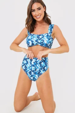 Sale In the Style Abstract Print High Waisted Bikini Bottoms Blue