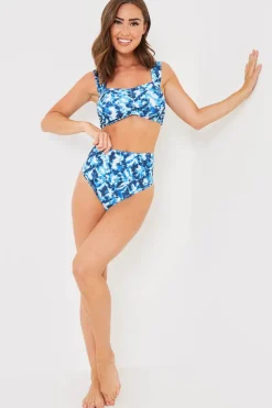 Sale In the Style Abstract Print High Waisted Bikini Bottoms Blue