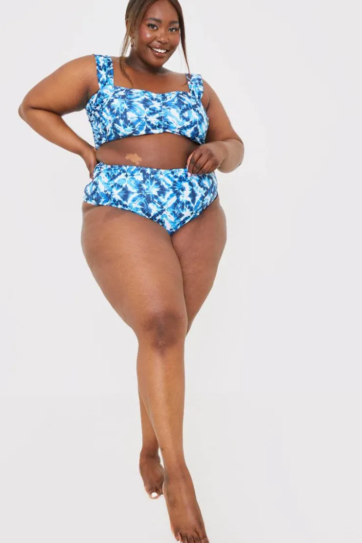 Sale In the Style Abstract Print High Waisted Bikini Bottoms Blue