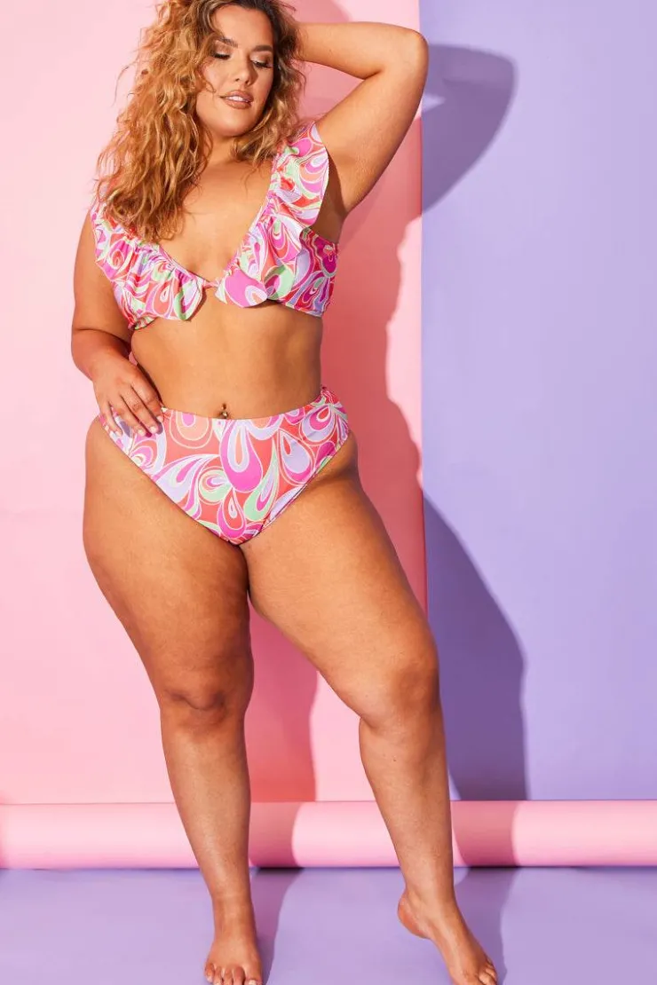 Hot Billie Faiers Abstract Print Ruffle Bikini Top Pink