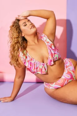 Hot Billie Faiers Abstract Print Ruffle Bikini Top Pink