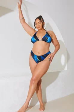 Online In the Style Abstract Print Triangle Gold Trim Bikini Top Blue