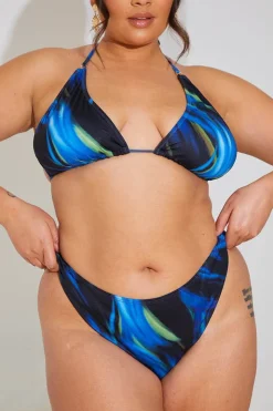 Online In the Style Abstract Print Triangle Gold Trim Bikini Top Blue