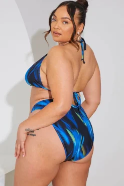 Online In the Style Abstract Print Triangle Gold Trim Bikini Top Blue