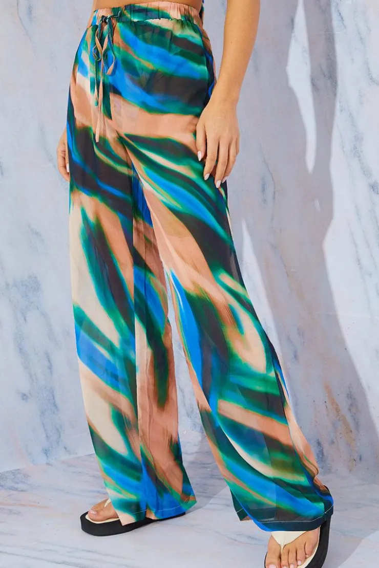 New In the Style Abstract Print Wide Leg Elastic Waist Trousers Multi