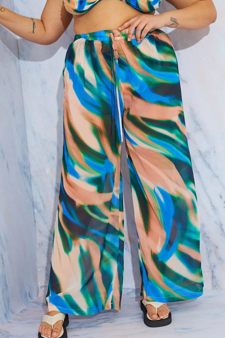 New In the Style Abstract Print Wide Leg Elastic Waist Trousers Multi