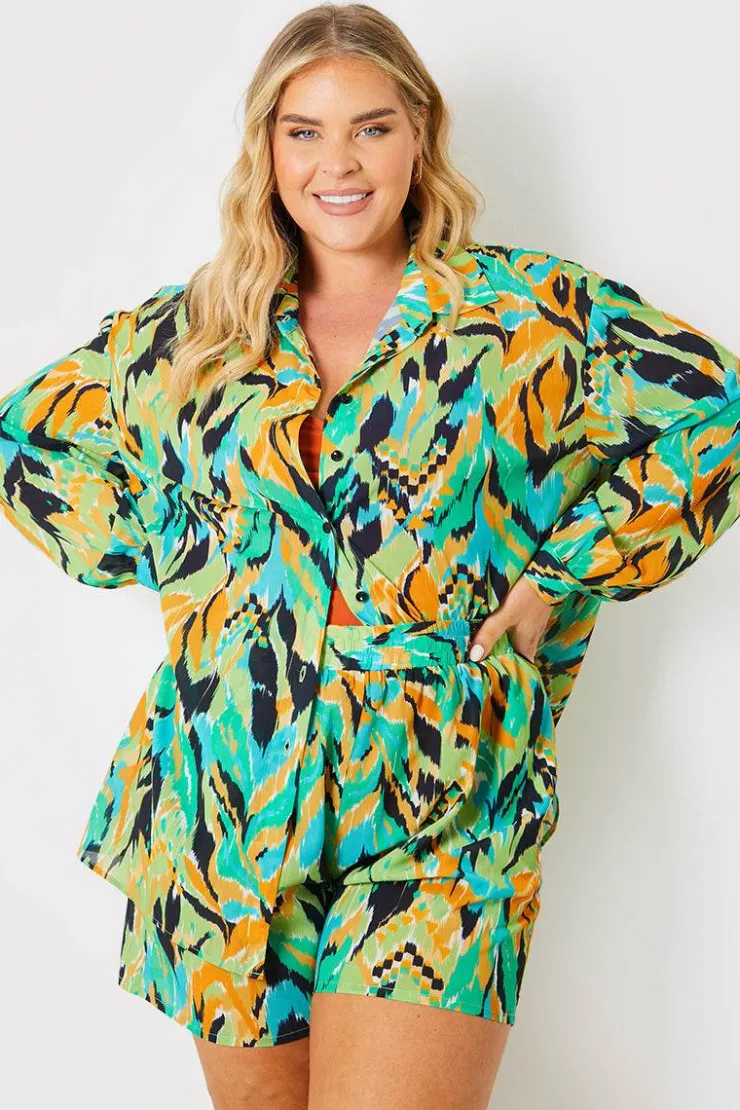 In the Style Abstract Printed Button Up Co-Ord Beach Shirt Red