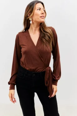 Sale In the Style Acetate Slinky Bodysuit Chocolate