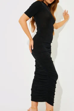 New In the Style Acetate Slinky Ruched High Neck Midaxi Dress Black