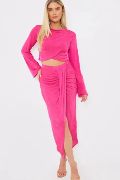 Best In the Style Acetate Slinky Wrap Co-Ord Midi Skirt Pink