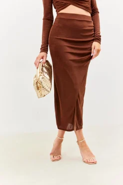 Outlet In the Style Acetate Slinky Wrap Co-Ord Skirt Chocolate