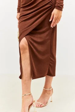 Outlet In the Style Acetate Slinky Wrap Co-Ord Skirt Chocolate