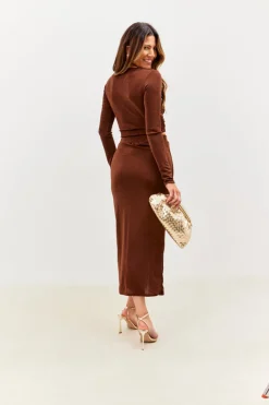 Outlet In the Style Acetate Slinky Wrap Co-Ord Skirt Chocolate