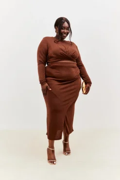 Outlet In the Style Acetate Slinky Wrap Co-Ord Skirt Chocolate