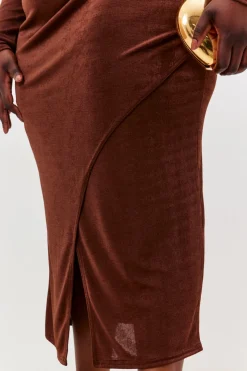 Outlet In the Style Acetate Slinky Wrap Co-Ord Skirt Chocolate