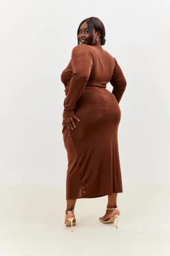 Outlet In the Style Acetate Slinky Wrap Co-Ord Skirt Chocolate