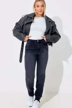Outlet In The Style Acid Wash Straight Leg Split Hem Jeans Black