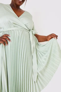 In The Style Angel Sleeve Pleated Wrap Midi Dress Sage