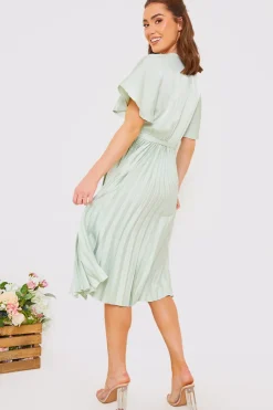 In The Style Angel Sleeve Pleated Wrap Midi Dress Sage