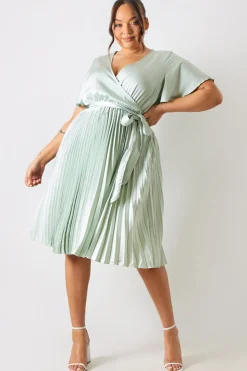 In The Style Angel Sleeve Pleated Wrap Midi Dress Sage