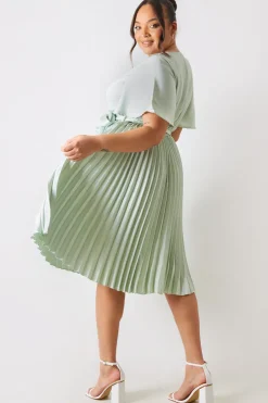 In The Style Angel Sleeve Pleated Wrap Midi Dress Sage