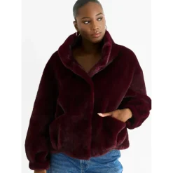 Best Gini London Angora Red Funnel Neck Button Up Faux Fur Jacket