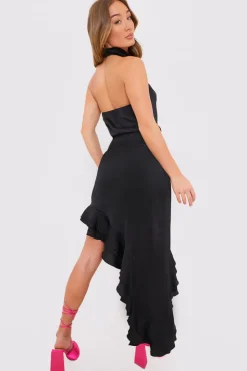 Best In the Style Asymmetic Frill Detail Midi Skirt Black