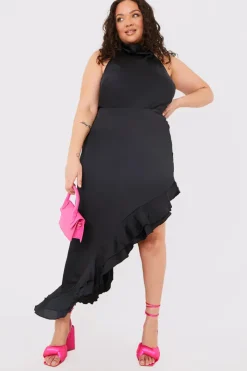 Best In the Style Asymmetic Frill Detail Midi Skirt Black