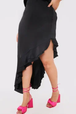 Best In the Style Asymmetic Frill Detail Midi Skirt Black