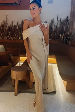 Sale Terrie Mcevoy Asymmetric Draped Neckline Maxi Dress Nude