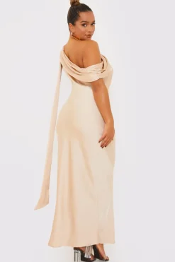 Sale Terrie Mcevoy Asymmetric Draped Neckline Maxi Dress Nude
