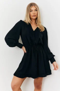 Clearance In The Style Balloon Sleeve Pintuck Tie Waist Detail Mini Dress Black