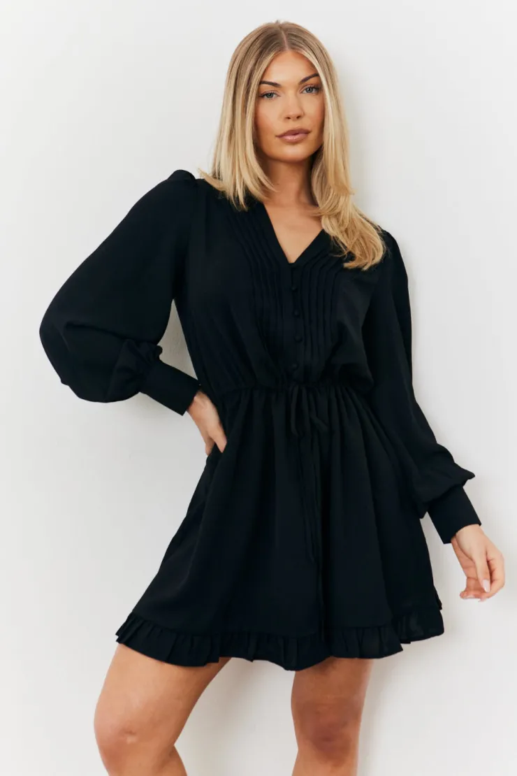 Clearance In The Style Balloon Sleeve Pintuck Tie Waist Detail Mini Dress Black