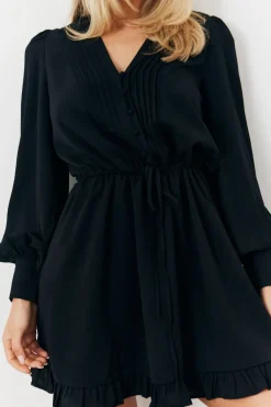 Clearance In The Style Balloon Sleeve Pintuck Tie Waist Detail Mini Dress Black