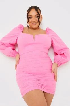 Hot In the Style Balloon Sleeve Sweetheart Neck Mini Dress Pink