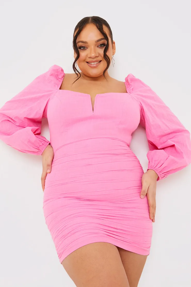 Hot In the Style Balloon Sleeve Sweetheart Neck Mini Dress Pink