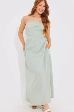 Hot In The Style Bandeau Linen Look Midi Dress Sage