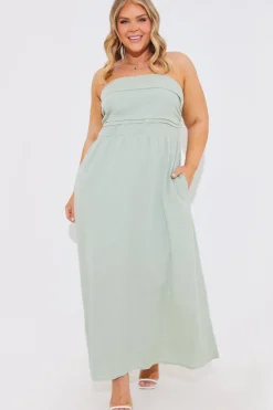 Hot In The Style Bandeau Linen Look Midi Dress Sage
