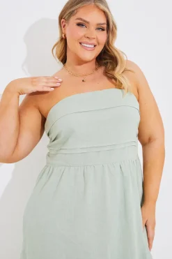 Hot In The Style Bandeau Linen Look Midi Dress Sage