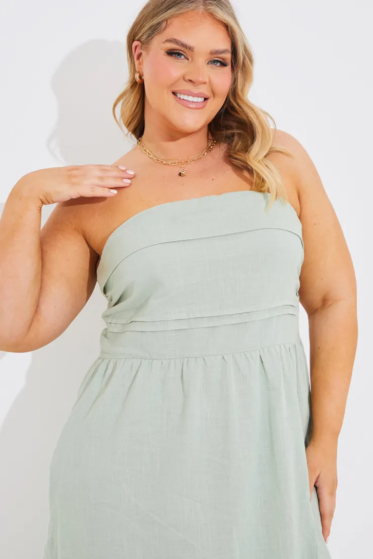 Hot In The Style Bandeau Linen Look Midi Dress Sage
